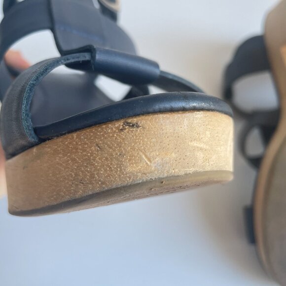A.P.C. Navy Platform Sandals with Wood Block Heels - Picture 8 of 16